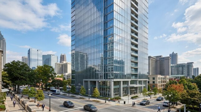 An office building in Buckhead, Atlanta, Georgia, modern architecture, urban business district, corporate real estate, cityscape, reflective facade, commercial development, clean composition, natural