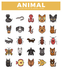 Fototapeta premium animal icons set on a white background. Flat icons in a grid layout feature a snake. worm. octopus. cat. dog. lizard. alligator. beetle. butterfly. horse. turtle. rhino. fish.