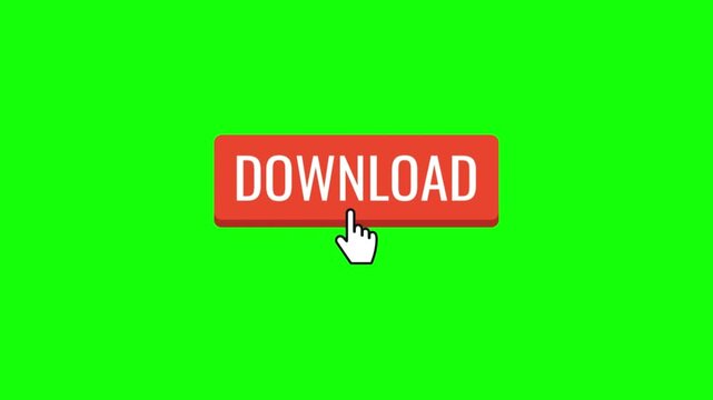 Dynamic "Download Now" button animation with a hand cursor interaction, ideal for digital content and web design on green screen.