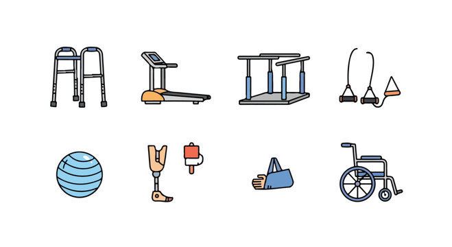 Physical therapy equipment icons set, medical rehabilitation tools for recovery and mobility, 8 vector illustrations for healthcare