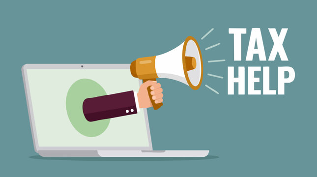 Online Tax Help Announcement with Megaphone from Laptop Screen