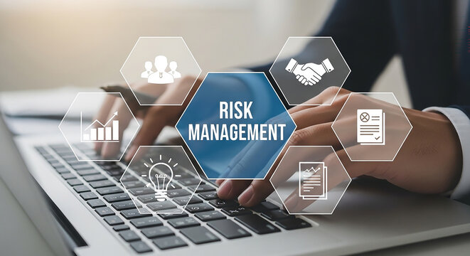 Risk Management Strategy: A close-up of hands typing on a laptop with abstract icons representing risk management concepts like teamwork, handshake, document, growth chart.