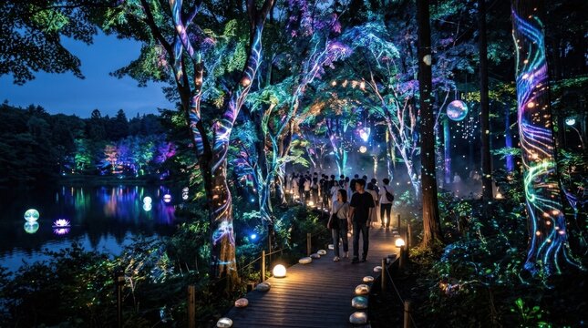Teamlab Digitized Lakeside and Forest in Saitama, immersive light art destination concept, glowing digital nature atmosphere, futuristic travel experience, natural light, photorealistic, high detail,