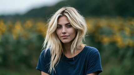 Naklejka premium Portrait of a Young Blonde Woman with Freckles Outdoors in a Natural Field Setting at Twilight