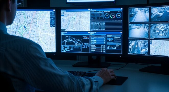 A person monitors multiple screens displaying maps, data, and live camera feeds in a dimly lit control room, symbolizing surveillance and information analysis.