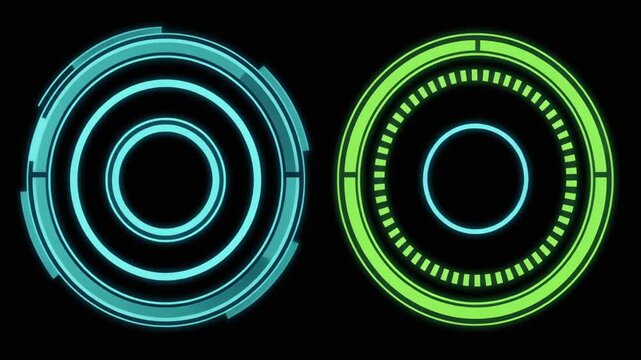 Futuristic HUD system boot-up and initialization sequence with glowing neon interface rings in cyber tech digital display design for advanced techn...