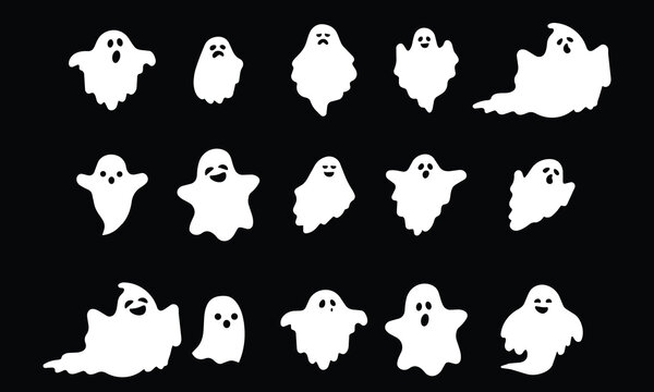 White spooky halloween ghost silhouettes collection on a black background