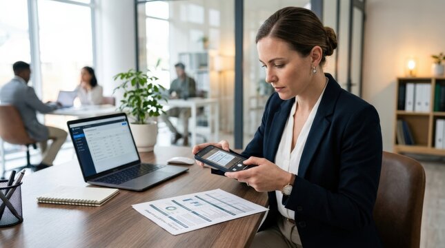 Mobile OCR document scanning technology for digital paperwork management, business professional using smartphone to capture paper documents and convert them into searchable digital data, modern office