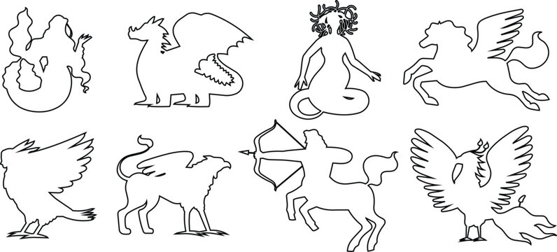 Mythological beasts icon set featuring cerberus sphinx cyclops naga and gargoyle icons vector