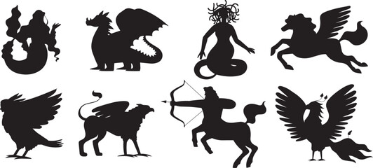 Mythical creatures silhouettes set with dragon pegasus phoenix centaur and medusa icons vector © Nusrat