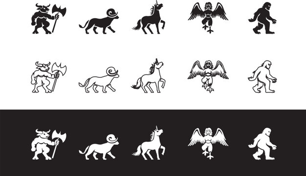 Fantasy monsters icon collection including minotaur unicorn bigfoot and winged creature icons vector