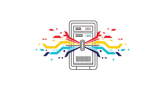 A central computer tower is surrounded by vibrant colorful jagged digital lines that radiate outwards like data streams in this modern minimalist illustration.