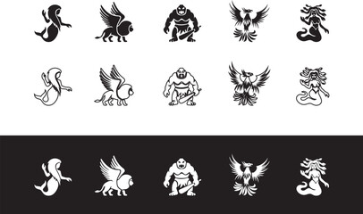 Fantasy creatures vector illustrations set with mermaid sphinx cyclops phoenix and medusa © Nusrat