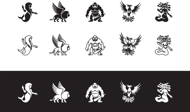 Fantasy creatures vector illustrations set with mermaid sphinx cyclops phoenix and medusa