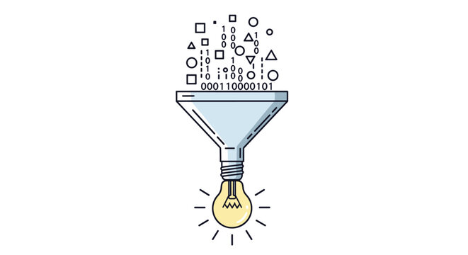 An innovative funnel with a glowing light bulb base filters complex abstract geometric shapes and binary code digits into a singular radiant light source.