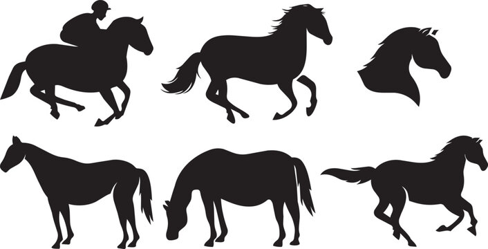 Black horse silhouettes collection with running stallions and equestrian jockey graphic elements