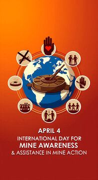 International day for mine awareness and assistance illustrated with globe and icons highlighting humanitarian efforts worldwide