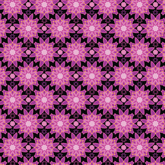 Fototapeta premium Seamless Geometric Floral Pattern with Vibrant Pink Mandala Flower Motifs and Ethnic Star Ornaments on Black Background for Modern Textile Design