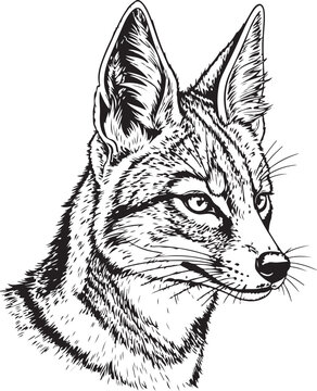 Black and white ink drawing of a wild serval cat head