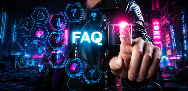 Modern cyberpunk style digital interface with hand pressing virtual button for frequently asked questions section