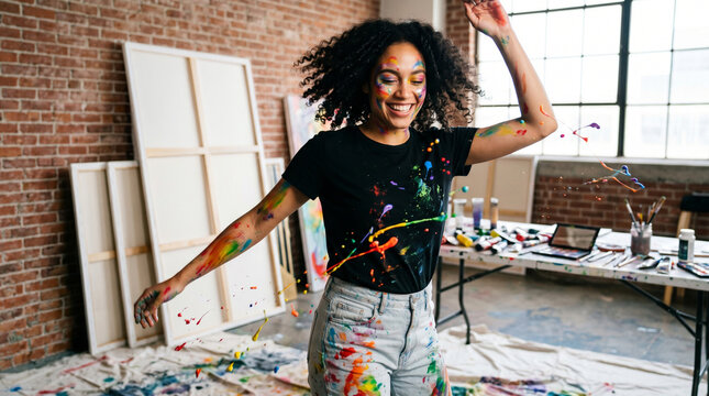 Happy young woman dancing in studio with artistic colorful paint splash, creative makeup aesthetics, mind and body self-expression concept