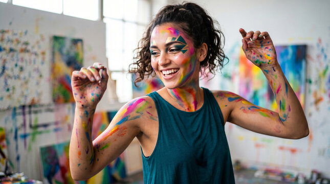 Happy young woman dancing in studio with artistic colorful paint splash, creative makeup aesthetics, mind and body self-expression concept