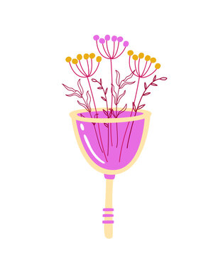 Hand drawn purple menstrual cup with yellow inflorescence bouquet for spring equinox festival and holistic female reproduction health awareness poster