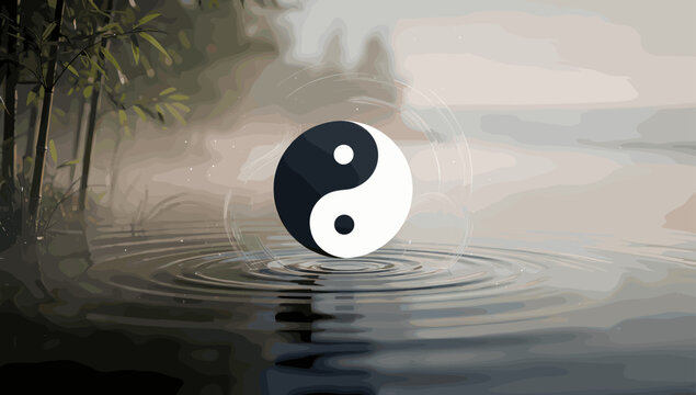 A serene landscape featuring a prominent black and white Yin and Yang symbol creating ripples on calm water with bamboo in the misty background.