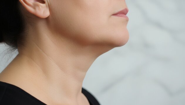 Close-up of a woman's chin and neck showing excess chin fat, representing sagging skin, weight loss, and cosmetic correction concept in a bright studio setting