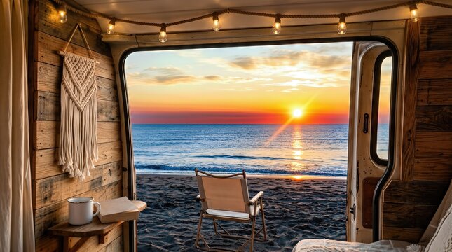 Cozy van interior with wooden walls, a chair facing the ocean view at sunset, featuring a macrame wall hanging and a coffee cup on a table