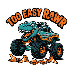 Cartoon dinosaur monster truck crushing traffic cones with funny text © MdAnisul