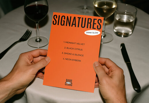 Cocktail Menu Mockup Held By Hands PSD