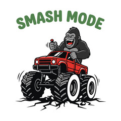 Angry Gorilla Driving A Red Monster Truck With Smash Mode Text © MdAnisul
