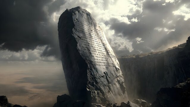 A towering inscribed law stone overlooking a steep cliff edge, symbolizing the immense spiritual gravity of command and responsibility, severe cloud-filtered light with a cool tonal range and sharp hi