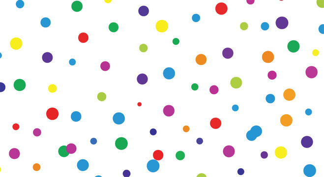 Colorful polka dot pattern background, vibrant rainbow confetti circles on white, festive abstract dot vector illustration for party celebration