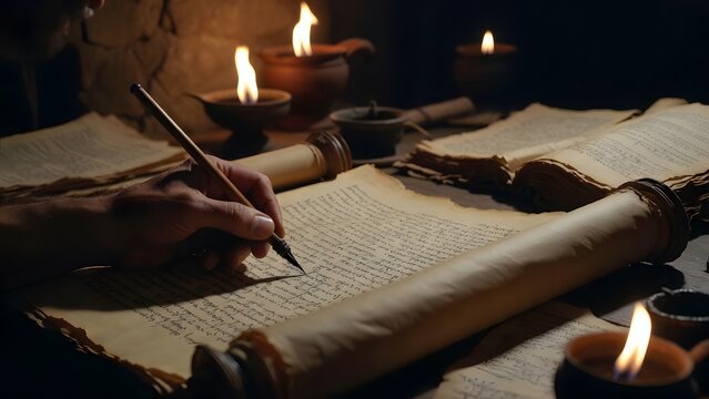 A scribe&rsquo;s hand pressing a reed pen beside a nearly completed scroll of law that dominates the frame as a symbol of the seriousness of written command, within a quiet scriptoria workspace filled with 