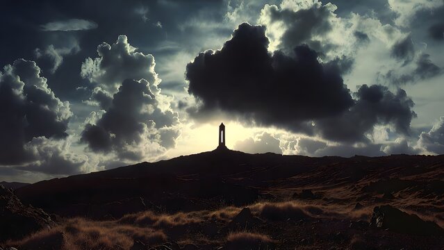 A sacred law monument standing alone against an immense cloud-laden sky on a high plateau, the composition emphasizing the tension between divine command and human limitation, dramatic backlit atmosph