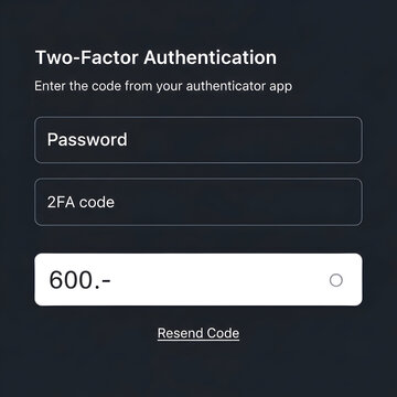 Secure login screen with two-factor authentication code entry on dark interface