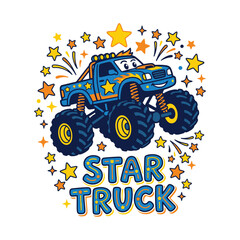 Cartoon monster truck with yellow stars and text label © MdAnisul
