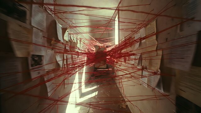 A sacred law manuscript connected to hundreds of taut red interpretive threads stretching across a long research corridor, expressing the burden of meaning and consequence through visual complexity, i