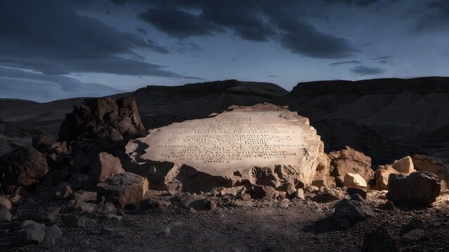 A sacred engraved law monument positioned in an isolated rocky expanse beneath a darkened sky, its severe presence amplified by empty land and distant cliffs, somber diffused light with selective brig