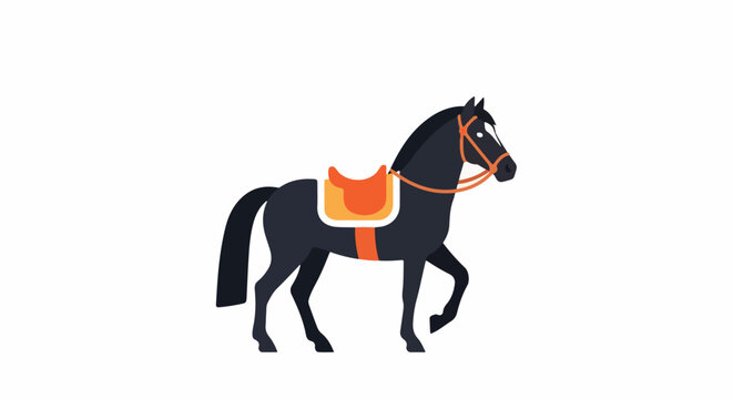 Flat illustration of a dark horse with orange saddle and bridle