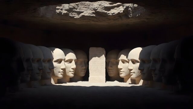 A row of sculpted faces with closed mouths surrounding a central sacred law tablet, presenting silence as reverence before irrevocable command, arranged within a dim circular chamber intended for sole