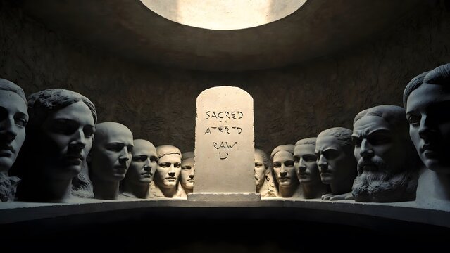A row of sculpted faces with closed mouths surrounding a central sacred law tablet, presenting silence as reverence before irrevocable command, arranged within a dim circular chamber intended for sole