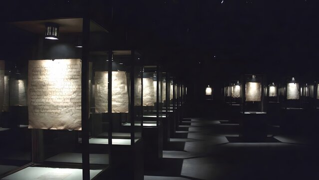 A row of illuminated glass boxes each containing a fragment of sacred law text and scholarly annotations, displayed in a long nocturnal gallery dedicated to study and moral remembrance, localized lant