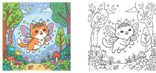 Cute fairy cat flying in fantasy forest with mushrooms and stars, colorful illustration and black and white coloring page outline vector set for kids © MMONIR