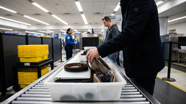 Person Places Personal Items in Security Bin at Airport Tsa Checkpoint for Screening