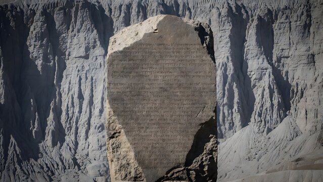 A powerful ancient law tablet filling the foreground as the primary symbol of solemn truth, set before an austere mountain wall marked by time and erosion, controlled directional light emphasizing eng