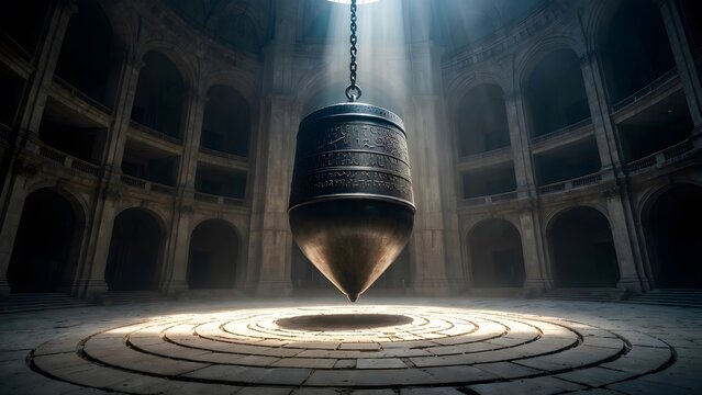 A monumental pendulum engraved with sacred law swinging above a stone floor marked by circles of judgment, symbolizing the relentless gravity and inevitability of moral command, inside a vast timeworn