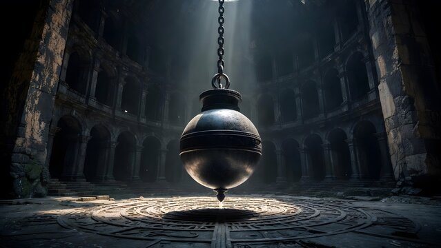 A monumental pendulum engraved with sacred law swinging above a stone floor marked by circles of judgment, symbolizing the relentless gravity and inevitability of moral command, inside a vast timeworn